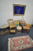 A SELECTION OF OCCASIONAL FURNITURE, to include a foliate gilt framed bevelled edge wall mirror,