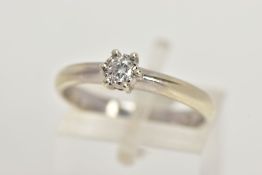 A 9CT WHITE GOLD SINGLE STONE DIAMOND RING, six claw set round brilliant cut diamond, stamped