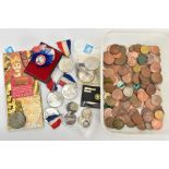 A PLASTIC TUB OF COINS AND COMMEMORATIVES, to include two WWII defence medals, a 1997 royal mint