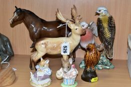 FIVE BESWICK ANIMAL AND BIRD FIGURES AND A ROYAL DOULTON 'MR TOADFLAX' BRAMBLY HEDGE FIGURE, D.