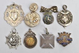 SIX SILVER FOB MEDALS AND TWO OTHER ITEMS, five silver fob medals all with full silver hallmarks for