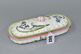 AN EDWARDIAN MINTONS TOOTHBRUSH BOX AND COVER, printed and painted with a bluebell design, D4599,