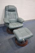 A STRESSLESS STYLE GREEN LEATHER SWIVEL ARMCHAIR, and matching footstool (2) (good condition)