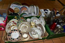 FIVE BOXES OF CERAMICS, GLASS AND METALWARES, mostly kitchen crockery and sundries, including two