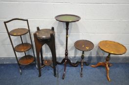 AN OAK THREE TIER FOLDING CAKE STAND, along with an Arts and Crafts oak plant stand, height 77cm,