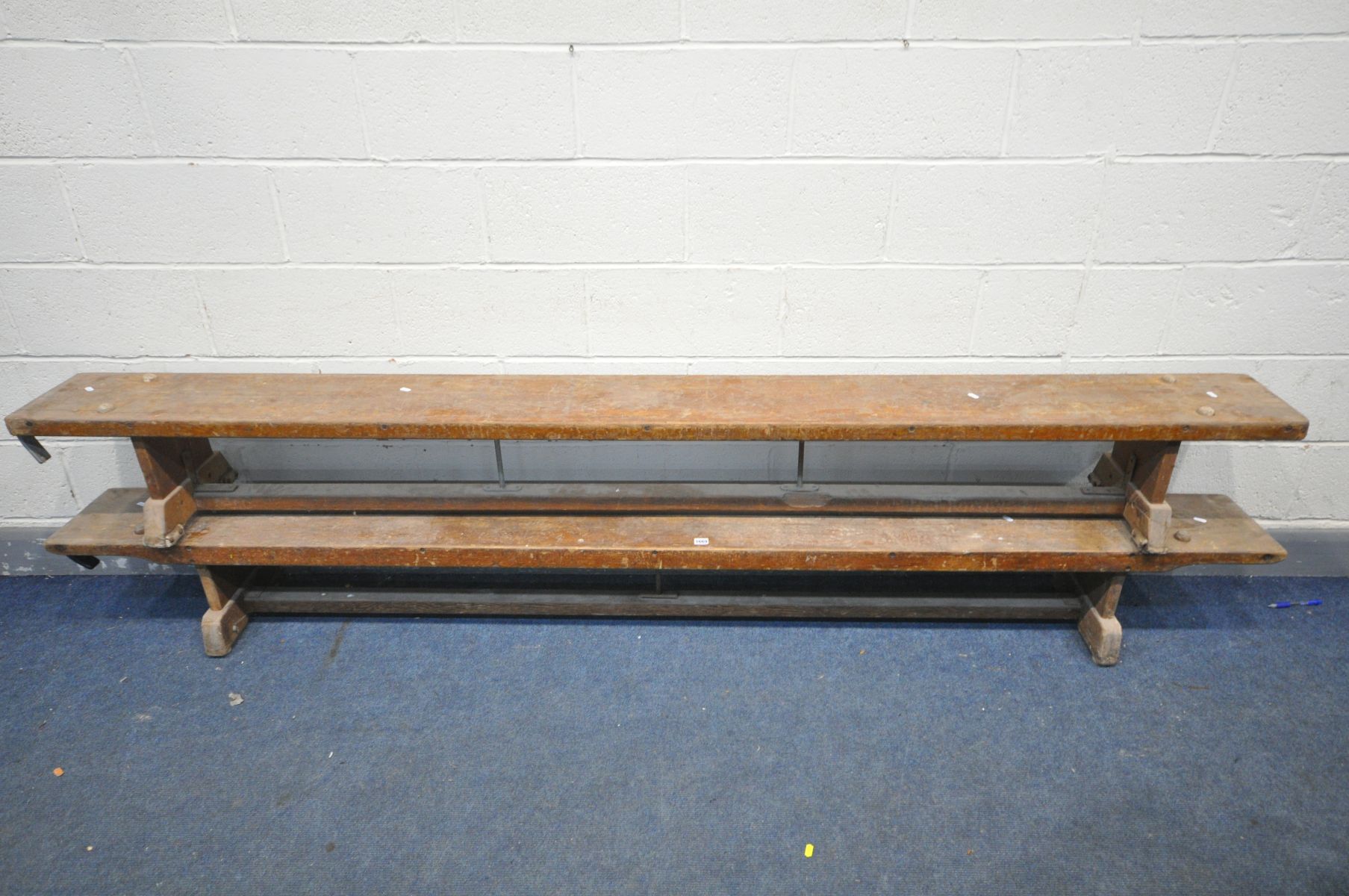 TWO MID CENTURY STAINED BEECH SCHOOL BENCHES, length 177cm and 167cm (condition:- finish in