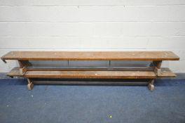 TWO MID CENTURY STAINED BEECH SCHOOL BENCHES, length 177cm and 167cm (condition:- finish in
