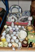 TWO BOXES OF CERAMICS AND GLASS, comprising Royal Doulton Merryweather dinner wares - six side