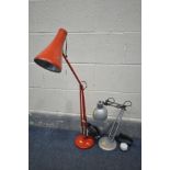 A HERBERT TERRY RED FINISH ANGLE POISE DESK LAMP, (in need of rewiring as PAT fail) and another desk