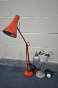 A HERBERT TERRY RED FINISH ANGLE POISE DESK LAMP, (in need of rewiring as PAT fail) and another desk