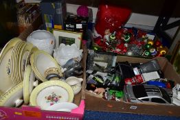 FIVE BOXES AND LOOSE CERAMICS, PICTURES, CHRISTMAS DECORATIONS, CDS AND SUNDRY ITEMS, to include a