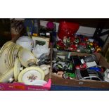 FIVE BOXES AND LOOSE CERAMICS, PICTURES, CHRISTMAS DECORATIONS, CDS AND SUNDRY ITEMS, to include a