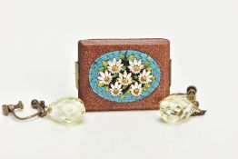 A MICRO MOSAIC BROOCH AND PAIR OF DROP EARRINGS, a floral micro mosaic picture set within a