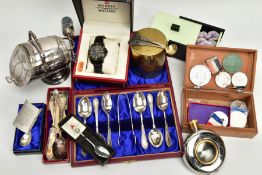 THREE SILVER SPOONS, A GENTS WENGER WRISTWATCH AND OTHER ITEMS, two matching silver spoons