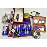 THREE SILVER SPOONS, A GENTS WENGER WRISTWATCH AND OTHER ITEMS, two matching silver spoons