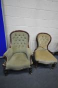 A VICTORIAN MAHOGANY BUTTONBACK ARMCHAIR, with green upholstery, and a Victorian spoon back chair (