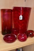 SIX PIECES OF LATE 20TH CENTURY RUBY COLOURED DECORATIVE GLASSWARE, comprising a Whitefriars conical