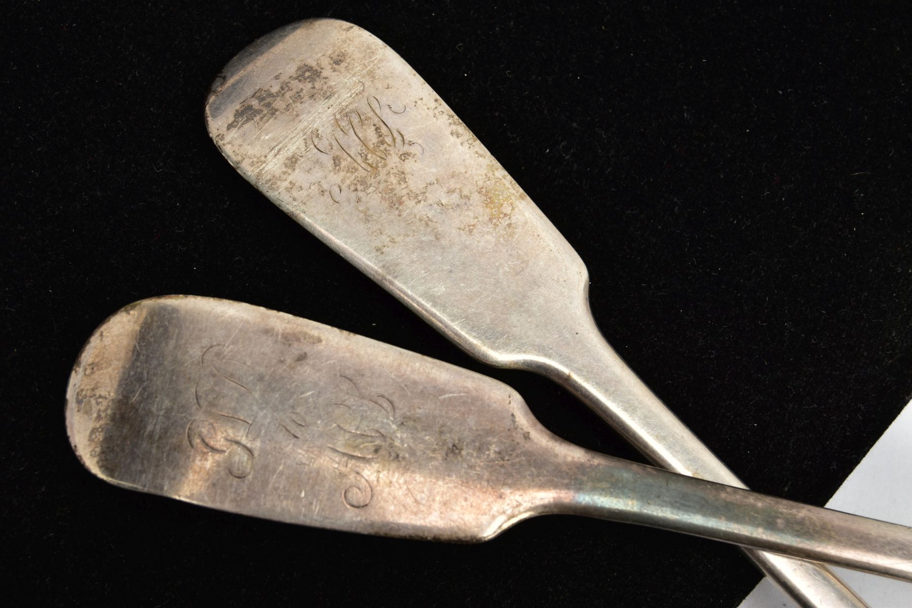 TWO MID-VICTORIAN SERVING SPOONS, fiddle pattern serving spoons, each with worn engravings to the - Image 2 of 4