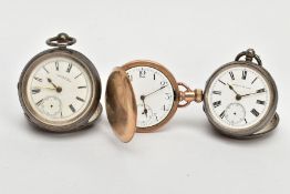 TWO SILVER POCKET WATCHES AND A PLATED POCKET WATCH, an open face pocket watch, white dial,