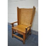 AN EARLY 20TH CENTURY OAK AND SKEP WORK ORKNEY CHILDS CHAIR, width 51cm x depth 56cm x height