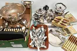 A BOX OF ASSORTED WHITE METAL WARE, to include a large silver plated copper punch bowl fitted with