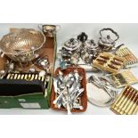 A BOX OF ASSORTED WHITE METAL WARE, to include a large silver plated copper punch bowl fitted with