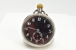 AN OPEN FACE POCKET WATCH, round black dial with white Arabic numerals, seconds subsidiary dial at