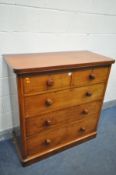 A VICTORIAN WALNUT CHEST OF TWO SHORT AND THREE LONG DRAWERS, with turned handles, width 107cm x