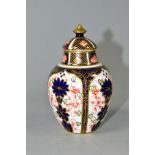 A ROYAL CROWN DERBY SMALL COVERED VASE, in the Imari 1128 pattern, date mark for 1906, red printed