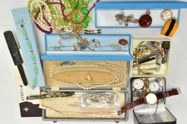 A BOX OF ASSORTED ITEMS, to include five fruit knives, two white metal thimbles, brooches, imitation