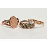 THREE RINGS, the first a rose gold tone oval signet ring with engraved initials, scroll detailed