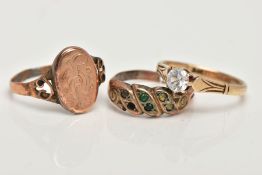 THREE RINGS, the first a rose gold tone oval signet ring with engraved initials, scroll detailed