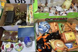 FIVE BOXES AND LOOSE ASSORTED FOOTBALL CARDS, CERAMICS, GLASS, METALWARE AND SIX RUPERT ANNUALS, the