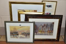 MICHAEL CRAWLEY (BRITISH CONTEMPORARY) FOUR CITYSCAPE WATERCOLOURS, comprising an American street