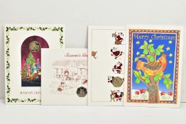 FOUR ISLE OF MAN AND GIBRALTAR CHRISTMAS GREETING CARDS AND DIAMOND FINISH 50p COINS, to include I.