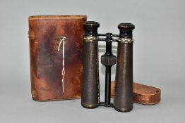 A PAIR OF 14X MAGNIFICATION BINOCULARS BY LLOYD OPTICIAN OF BOSTON, the leather to one barrel has