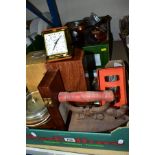 TWO BOXES OF SUNDRY ITEMS ETC, to include a Spong cast iron coffee grinder, Spong bean slicer,