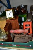 TWO BOXES OF SUNDRY ITEMS ETC, to include a Spong cast iron coffee grinder, Spong bean slicer,