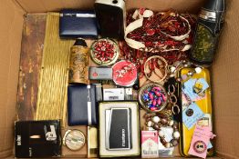 A BOX OF ASSORTED ITEMS, to include various beaded costume necklaces, compacts, cufflinks, pin