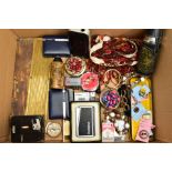 A BOX OF ASSORTED ITEMS, to include various beaded costume necklaces, compacts, cufflinks, pin