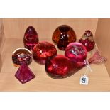 EIGHT MODERN GLASS PAPERWEIGHTS, PRIMARILY CRANBERRY AND RUBY IN COLOUR, including a Wedgwood whale,