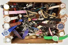 A BOX OF ASSORTED LADIES, GENTS AND CHILDRENS FASHION WRISTWATCHES, used conditions, mostly quartz