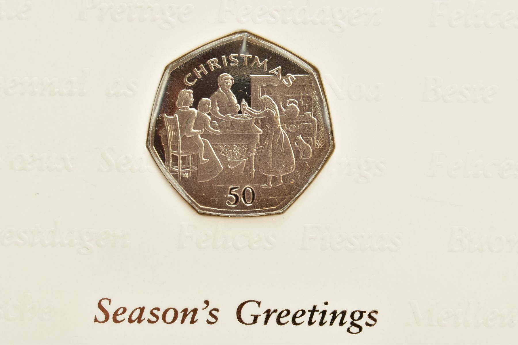 FOUR ISLE OF MAN CHRISTMAS GREETINGS CARDS WITH DIAMOND FINISH FIFTY PENCE COINS, to include 1997 - Image 12 of 18