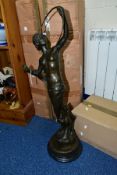 A BOXED REPRODUCTION BRONZE OF DIANA THE HUNTER, with bow and hound, on a marble style plinth,