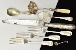 A SELECTION OF SILVER CUTLERY, to include three old English pattern forks, each with an engraved