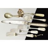 A SELECTION OF SILVER CUTLERY, to include three old English pattern forks, each with an engraved