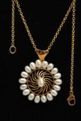AN 18CT GOLD CULTURED PEARL NECKLACE, an open work yellow gold wheel design pendant, set with