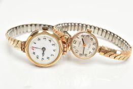 TWO LADIES 9CT GOLD WRISTWATCHES, the first with a round white dial unsigned, Arabic numerals,