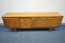 A GREAVES AND THOMAS MID 20TH CENTURY TEAK SIDEBOARD, with two cupboard doors flanking three