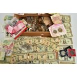 A WOODEN BOX OF ASSORTED COINS AND BANKNOTES, to include a pouch with a variety of USA banknotes,